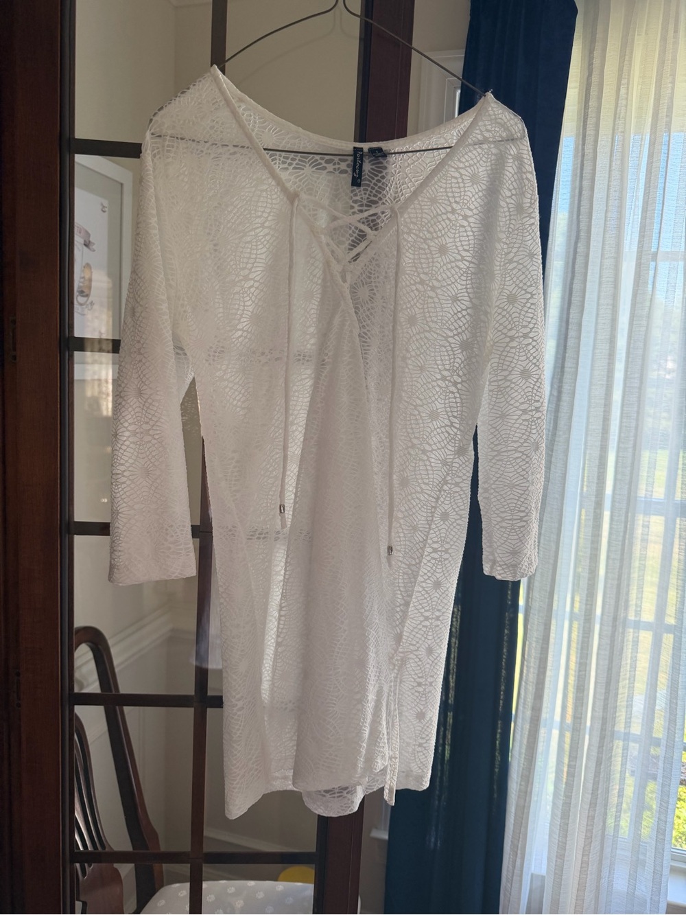 White Floral Swim Coverup Tunic with V-Neck and Tie
